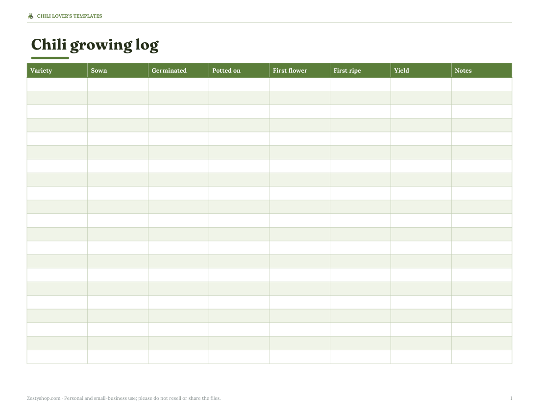 Preview of the first page of Growing log (XLSX)